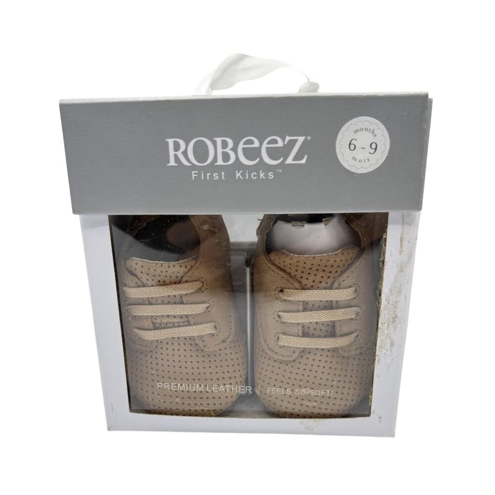 Robeez First Kicks Crib Baby Shoes Size 6-9 Months Leather pull on Comfort Beige